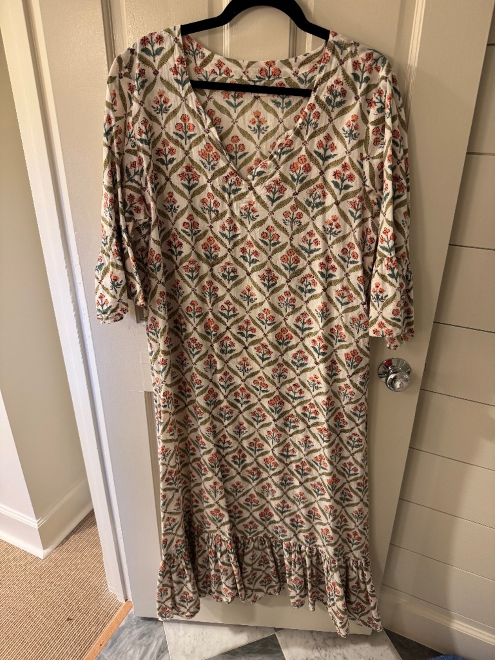 Cream LIVRO Green & Orange Block Print Floral Long Sleeve Maxi Dress